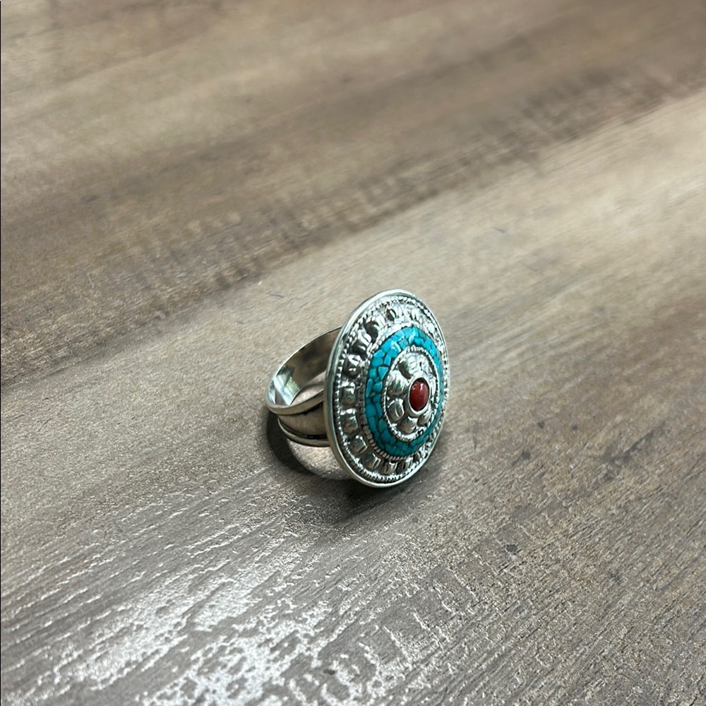 Silver and Turquoise Ring with Red Accent